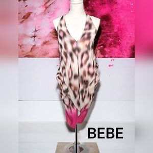 🌸BEBE Leopard Print Draped Hankerchief Hem Dress in Pink & Beige, Size 6 NWOT